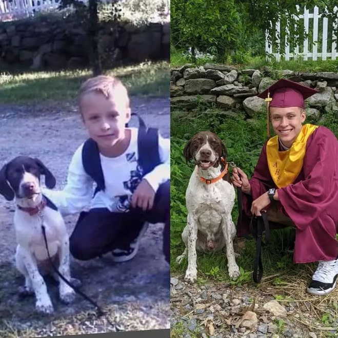 a boy and a dog take pictures during school and graduation