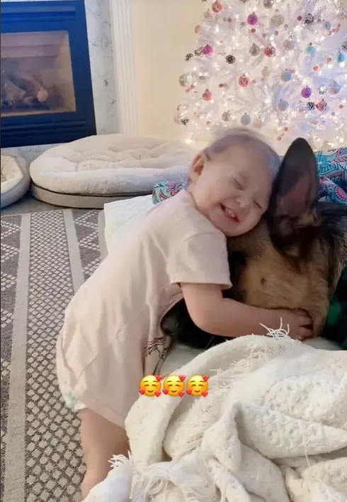 cute baby hugs german shepherd