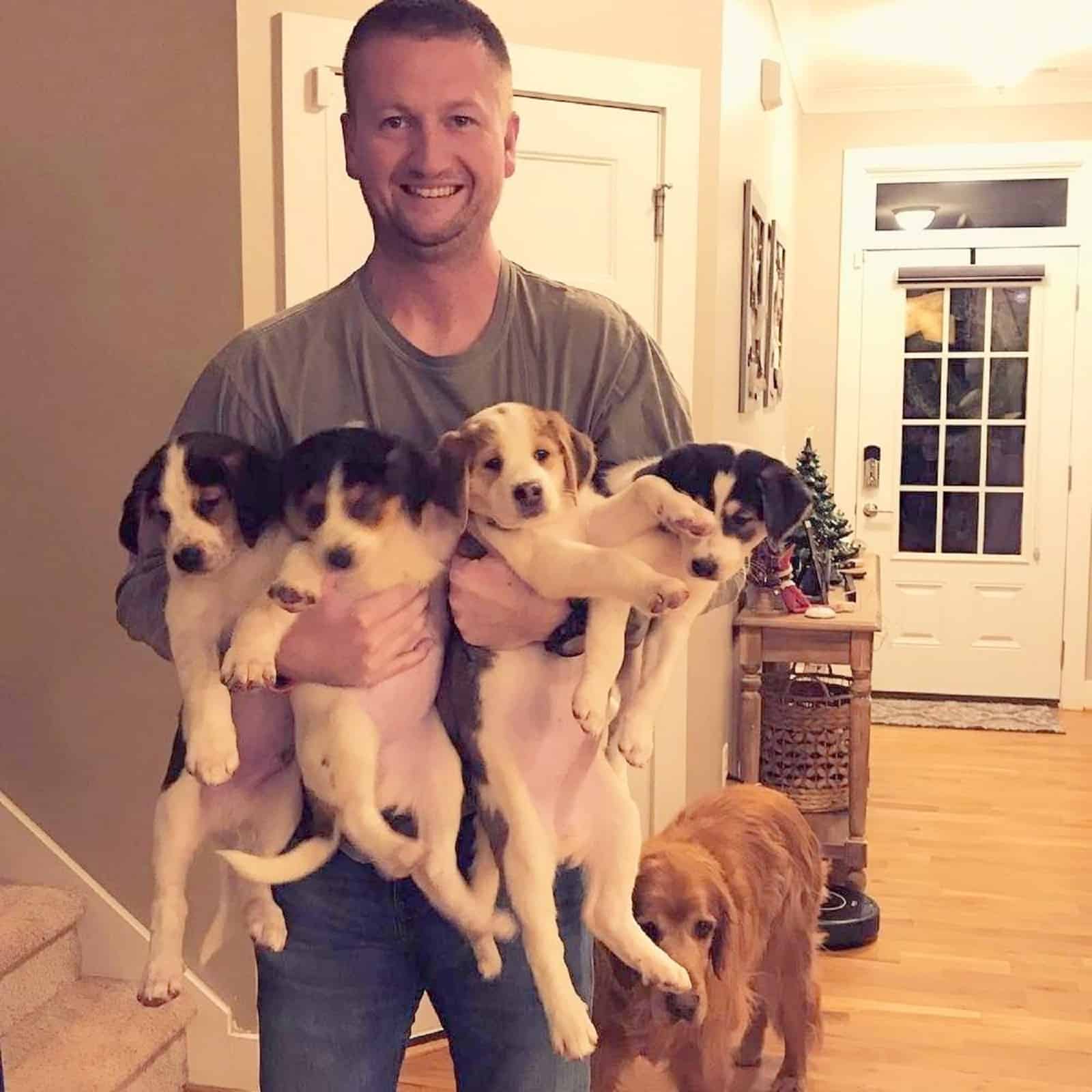 man holding four puppies in his arms at home