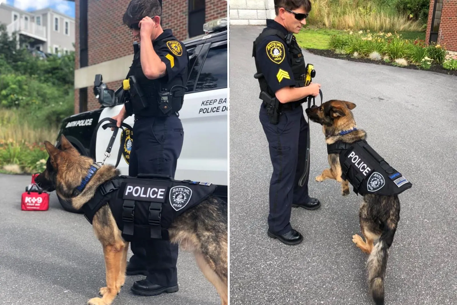 police officer and german shepherd dog on a leash on a duty