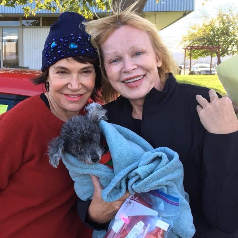 two smiling women are holding a poodle in their arms