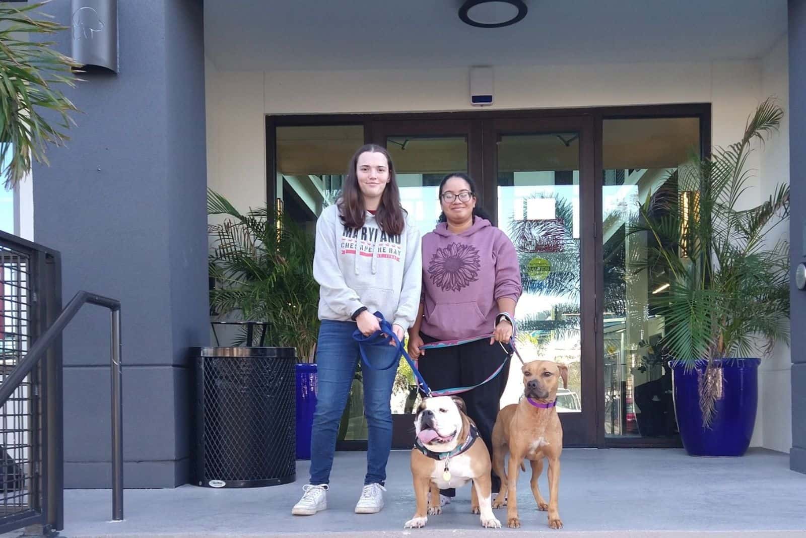 two women with two dogs on a leash