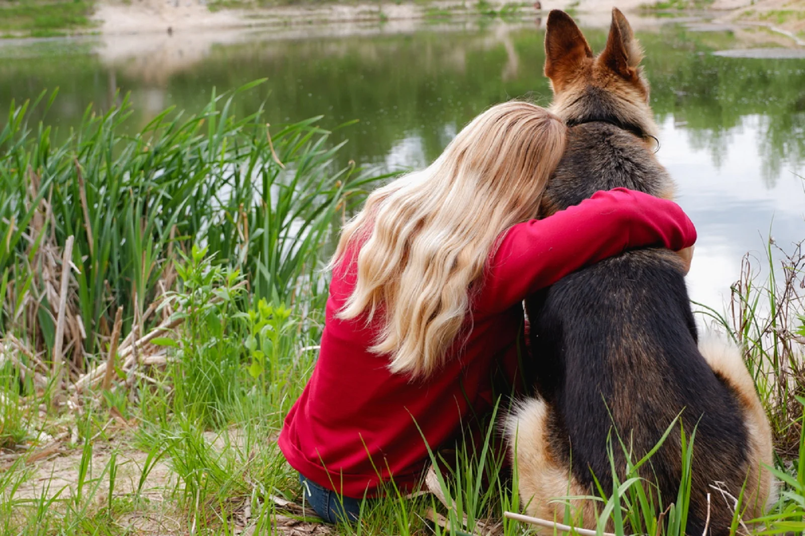 woman embracing her german shepherd dog sitting next to her by the lake