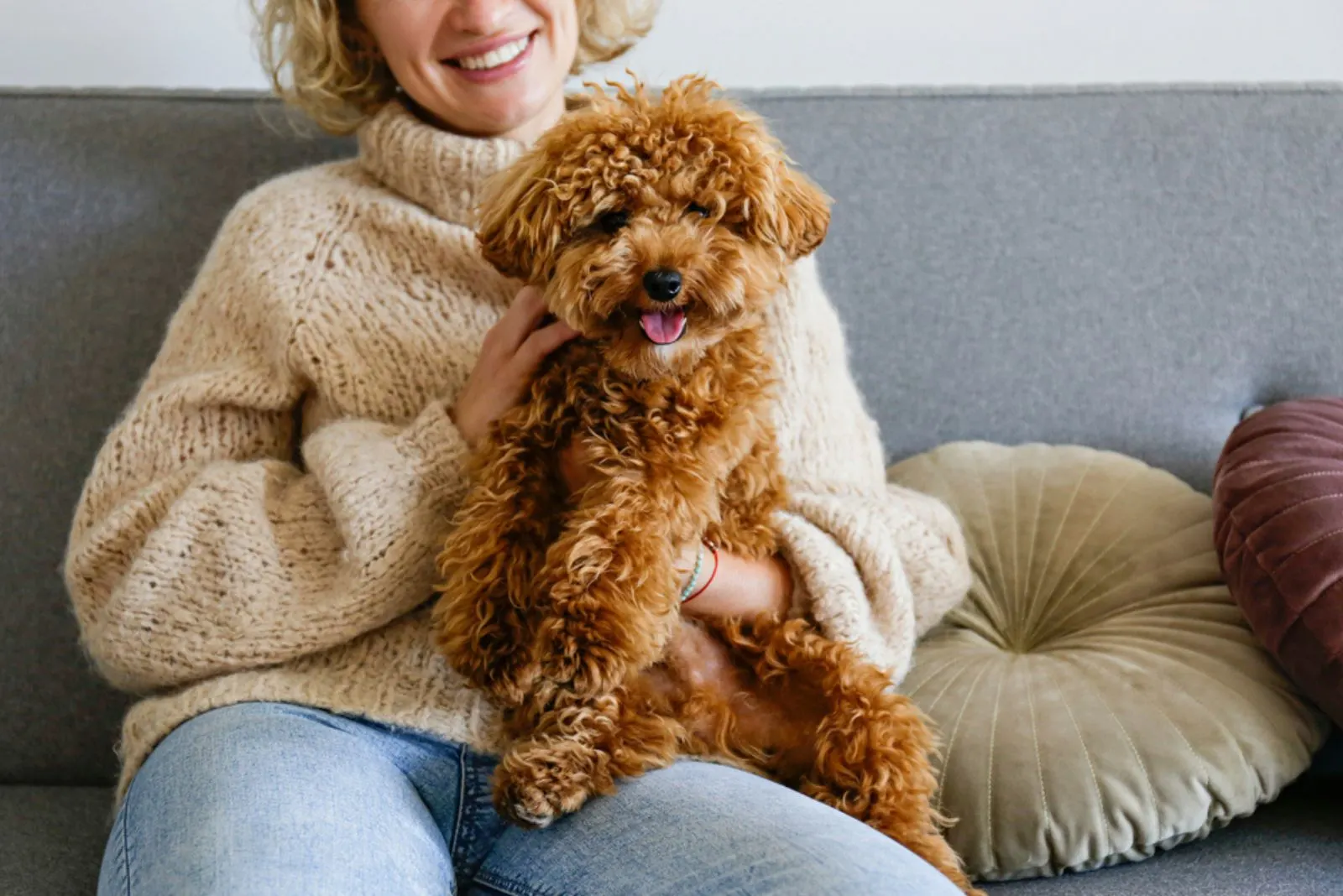 woman holding toy poodle in her arms on the couch
