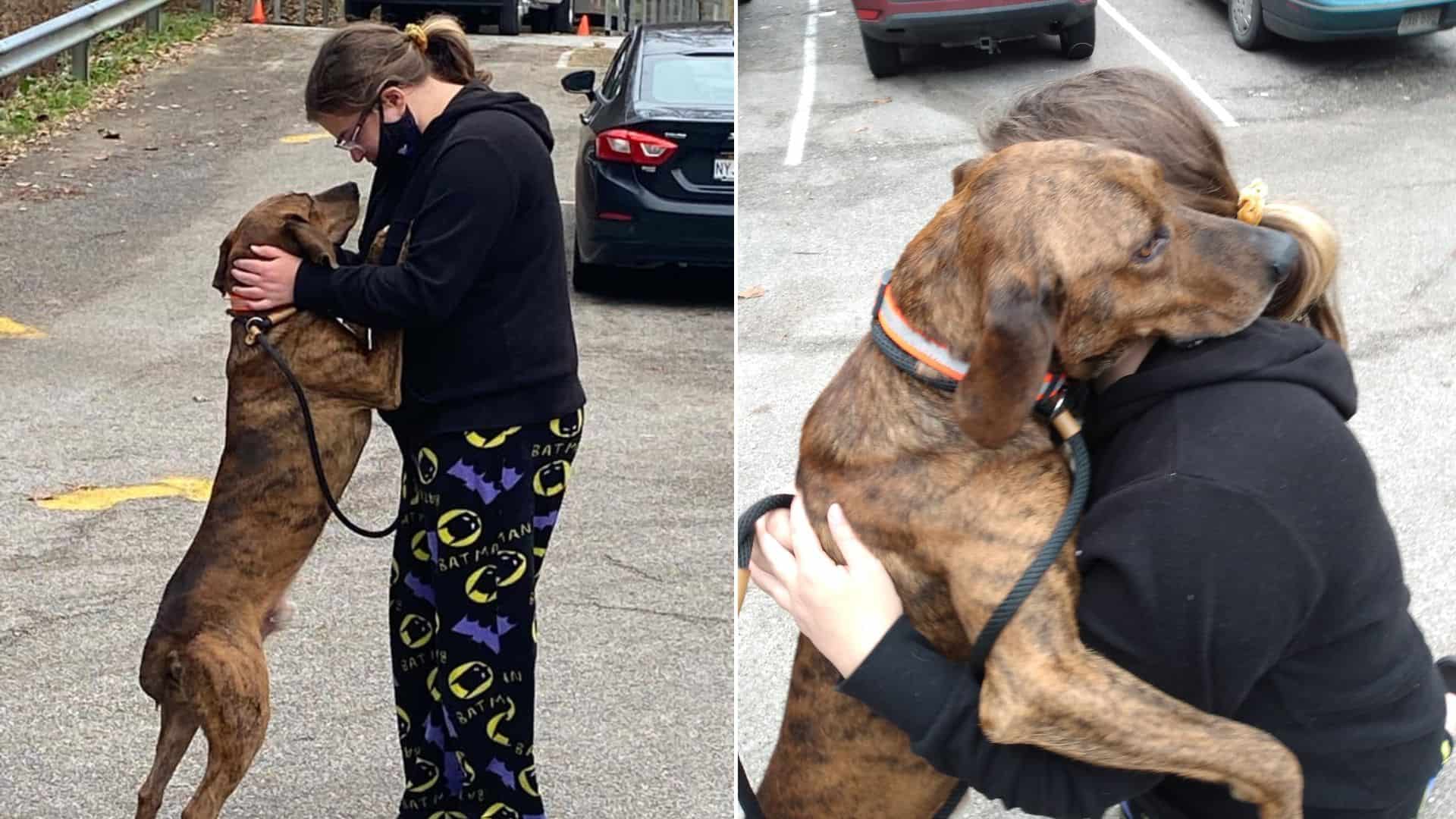 photo of girl and dog hugging