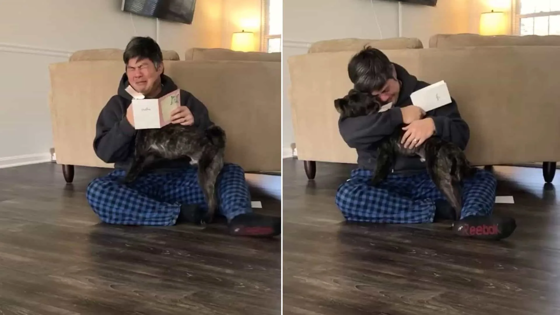 El hombre tiene la reacción más emotiva después de descubrir que puede adoptar a su perro adoptivo