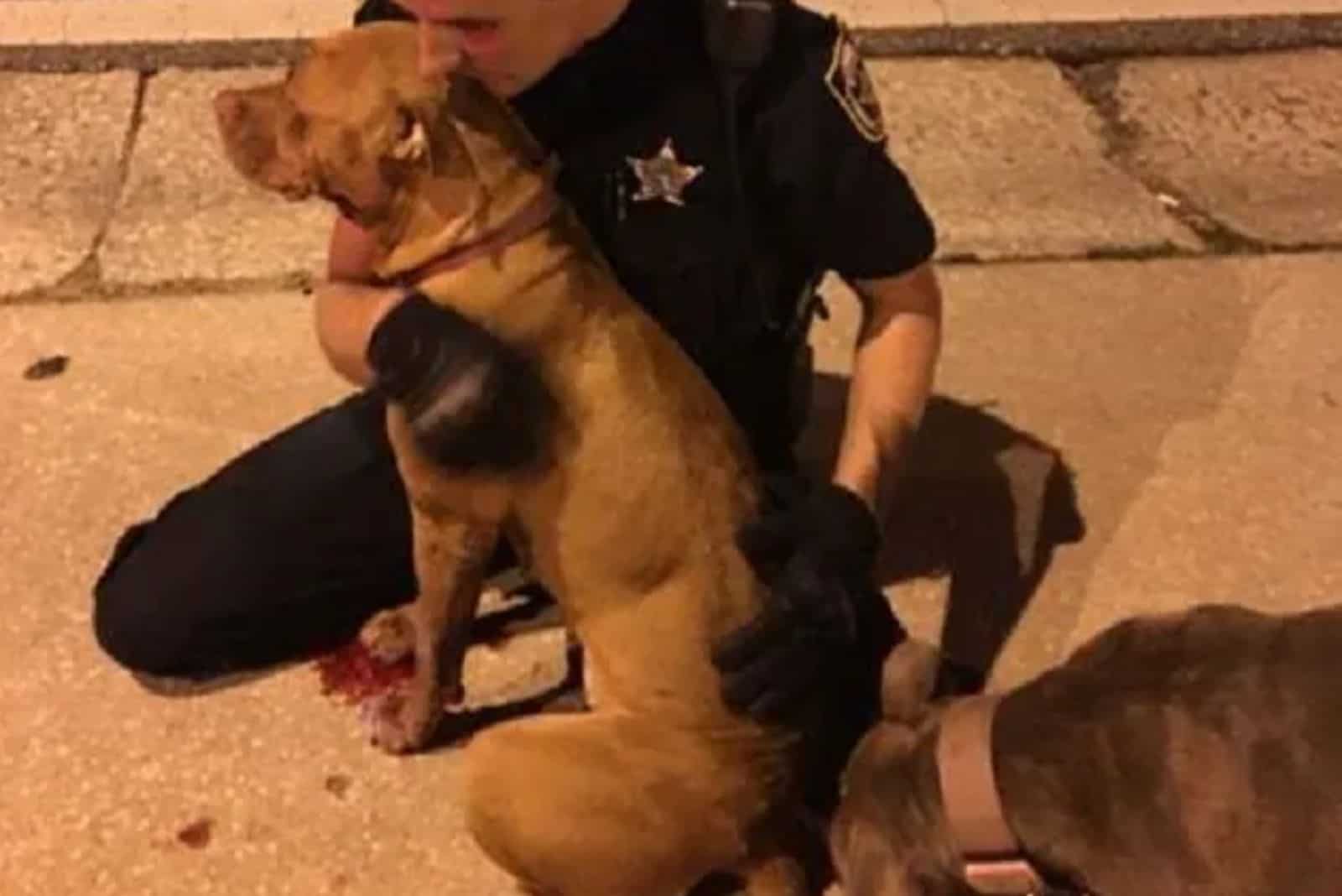 Policeman hugging his pitbull