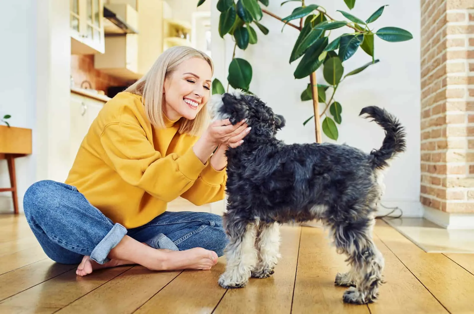 Smiling woman playing with dog at home