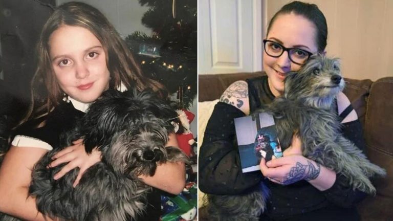 woman holding her childhood dog before and after