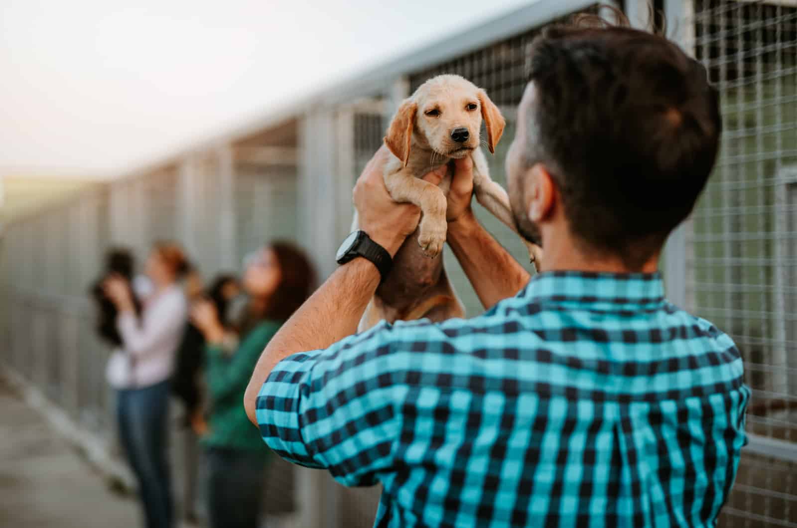 man holding a puppy at the shelter