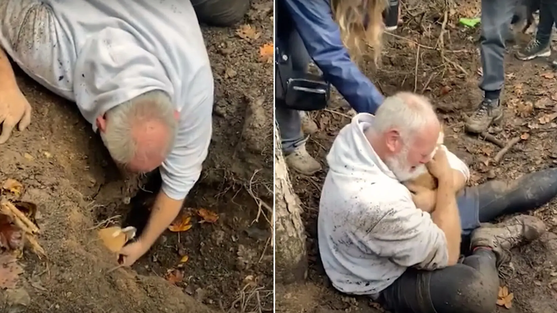 A Frantic Owner Cries After Finding His Dog Trapped In A Foxhole For 50 Hours