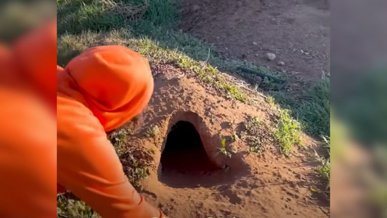 person in an orange hoodie looking in a hole in the ground