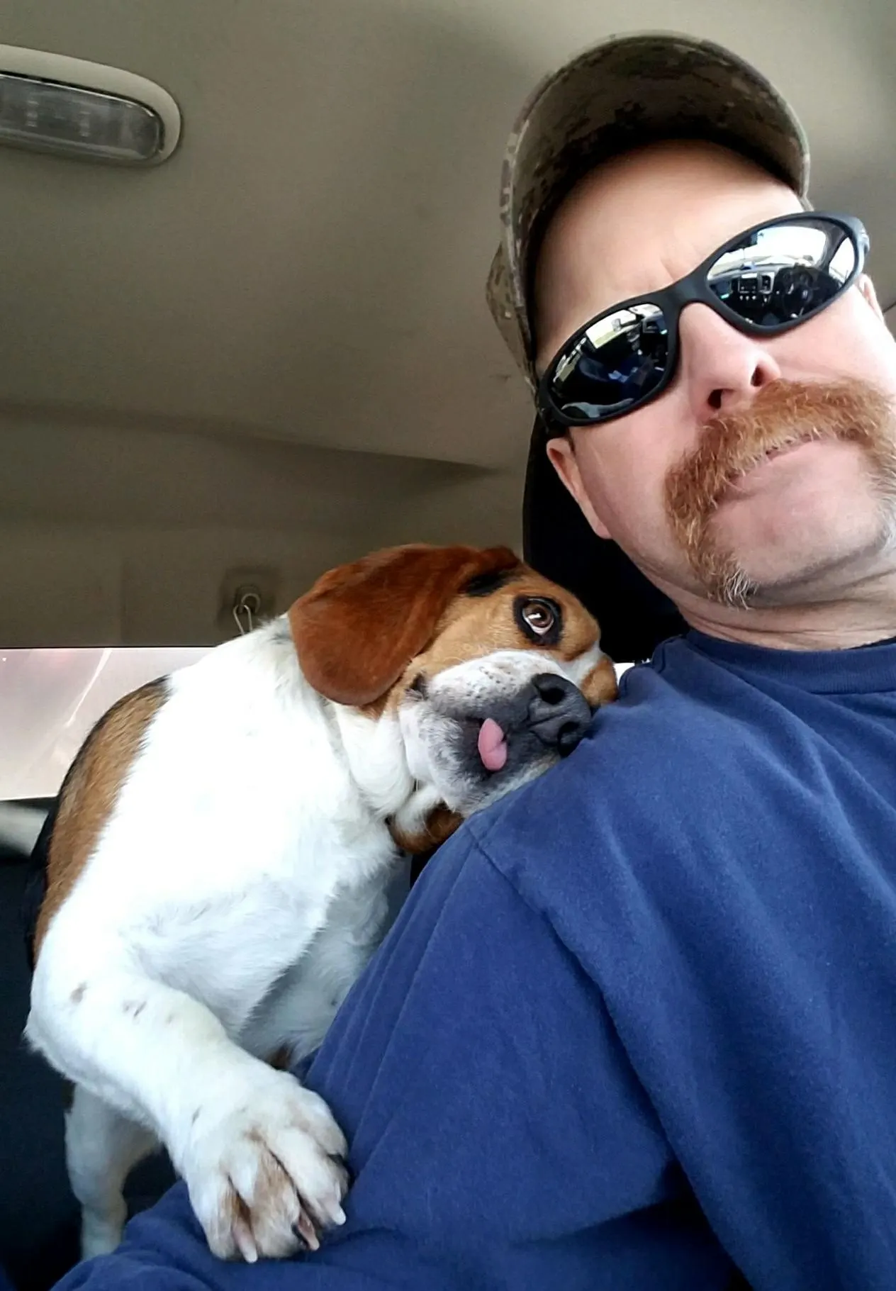 rescued dog leaning on man's shoulder