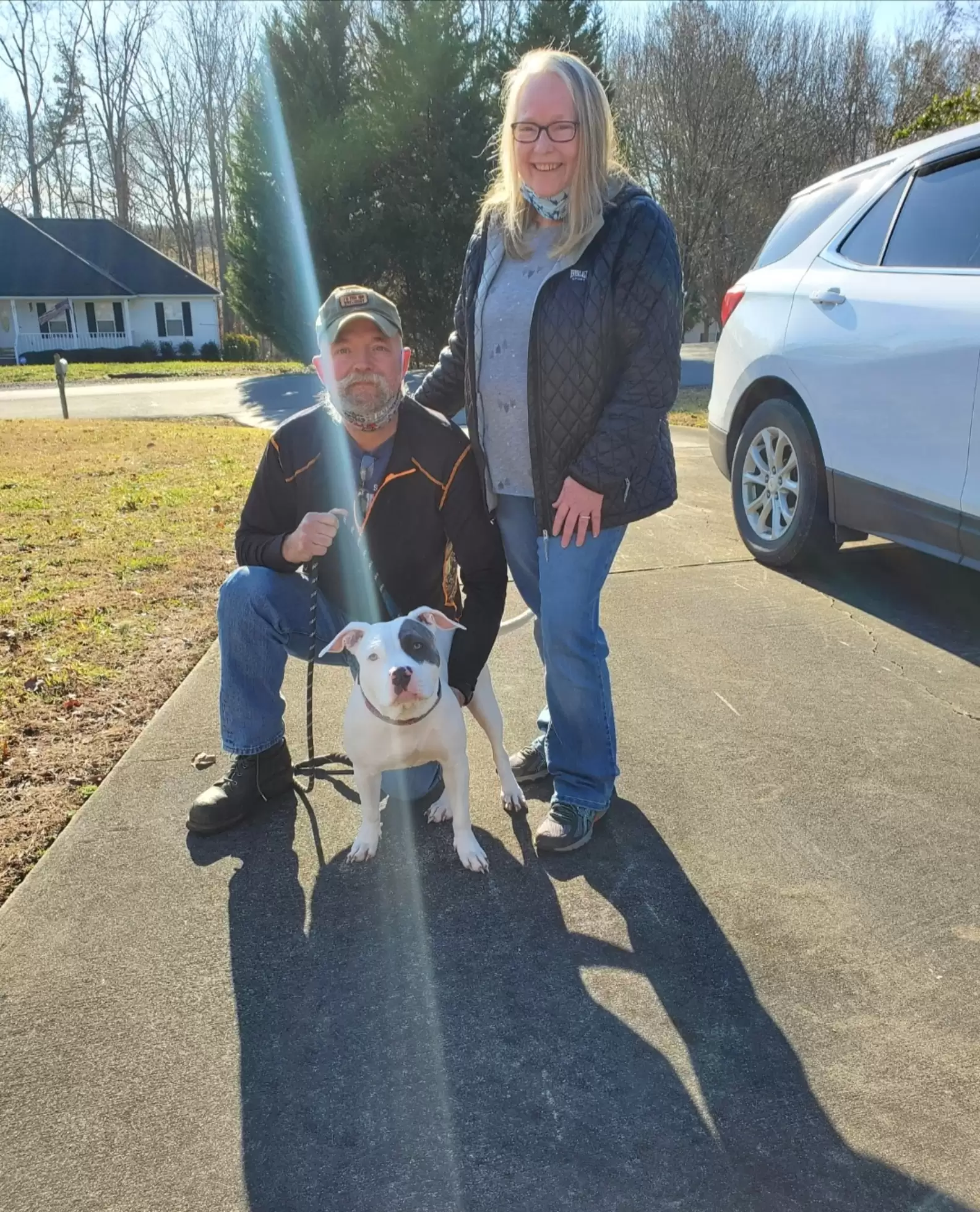 senior man and woman with dog posing outdoor