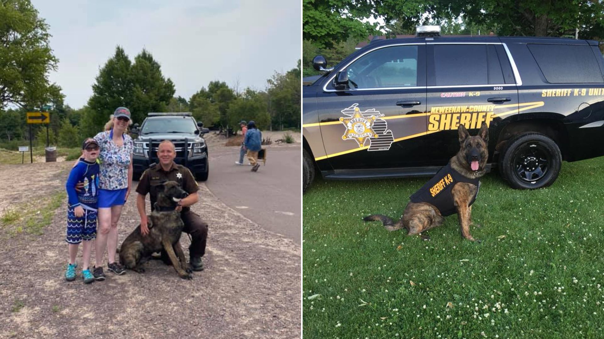 K9 dog with woman, child and police officer