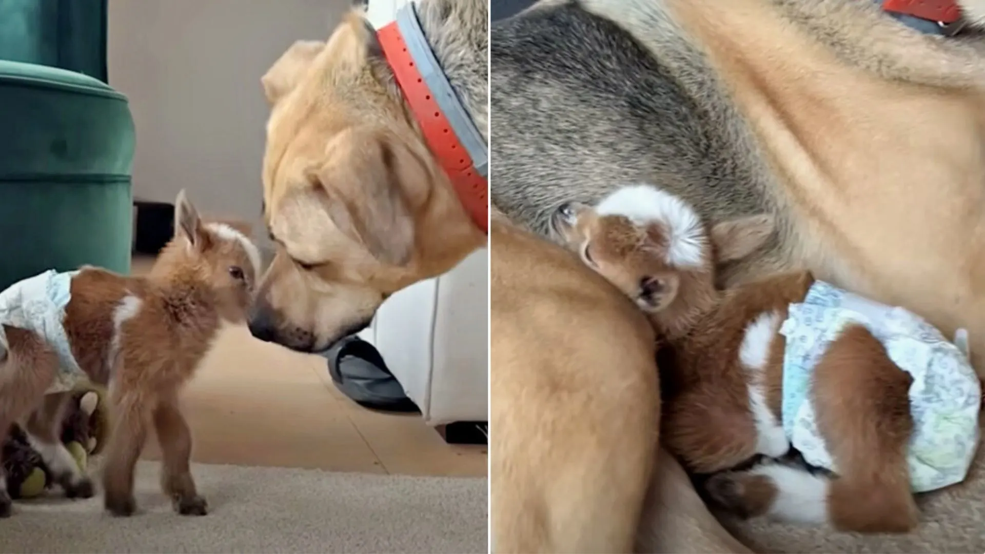 Cabra conoce a sus nuevos hermanos perros y rápidamente se convierten en mejores amigos