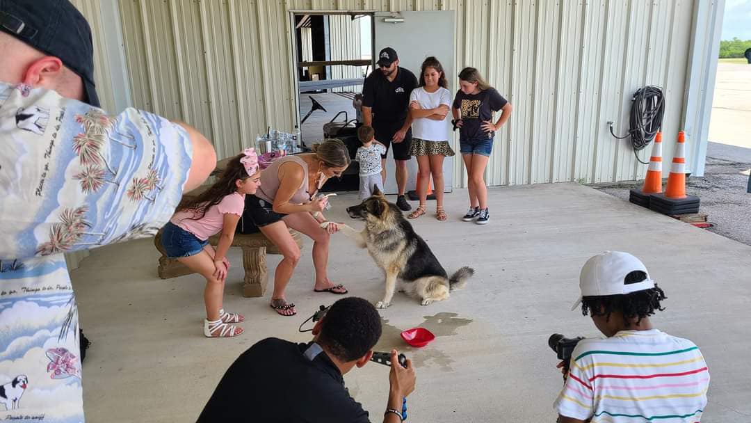 dog sheba with family at the airport