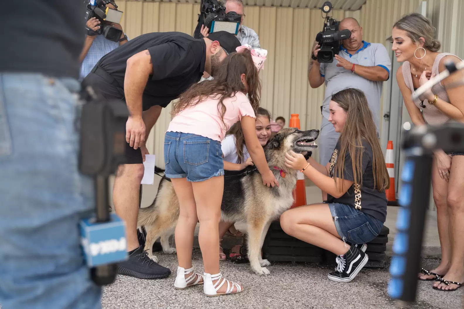 family members greeting dog sheba and cameraman recording