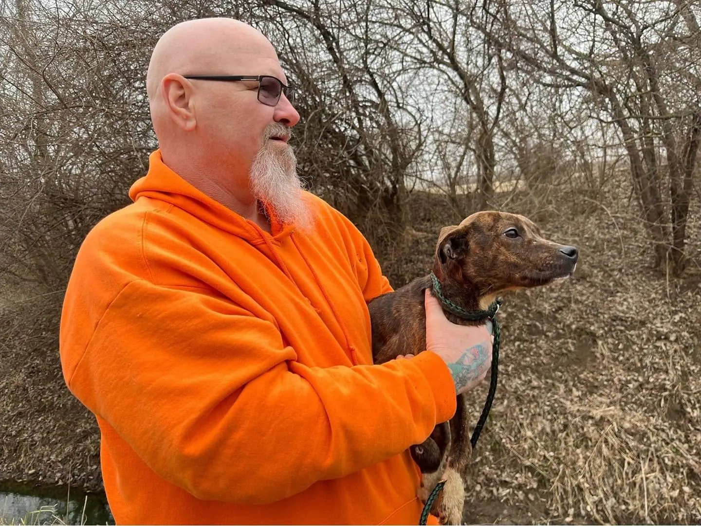 man holding rescued dog