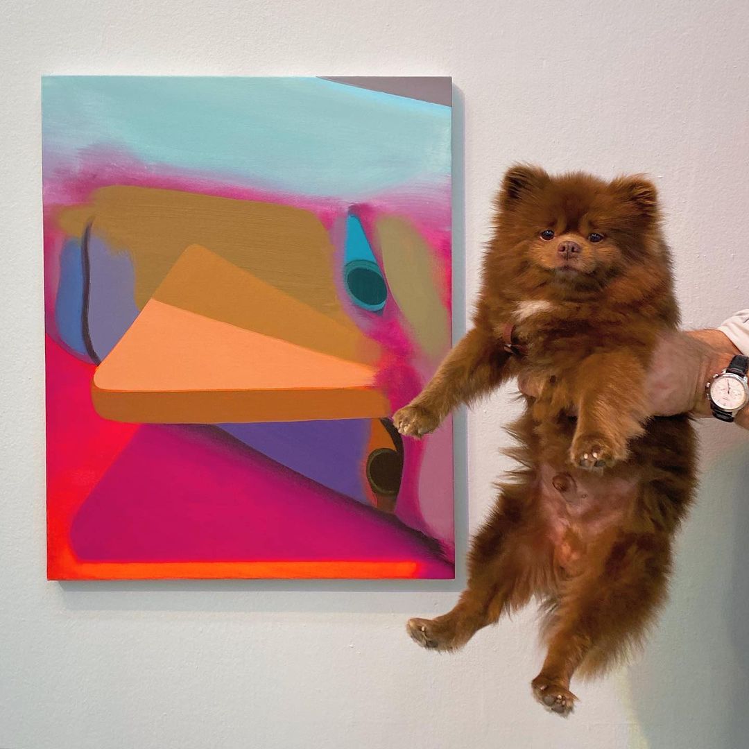 pomeranian called bert being held by an art piece