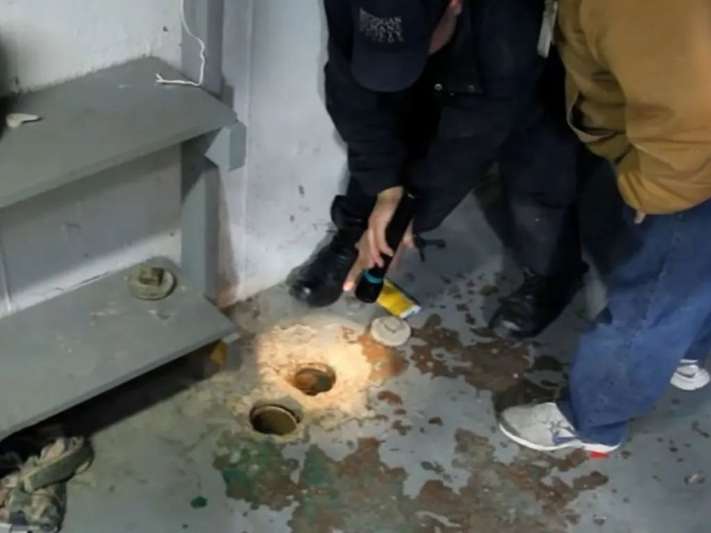 the police officers look into the pipes