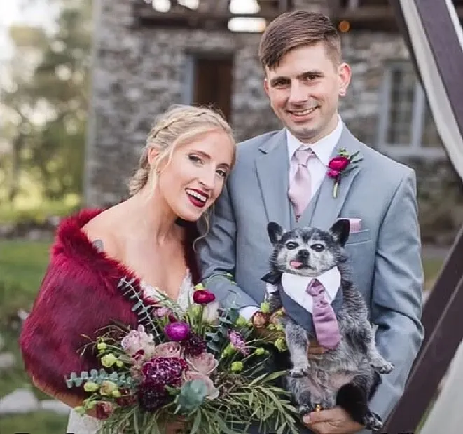 a man and a woman at a wedding with their dog