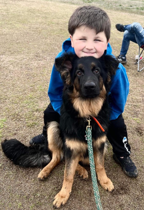 a boy hugs a dog in a field