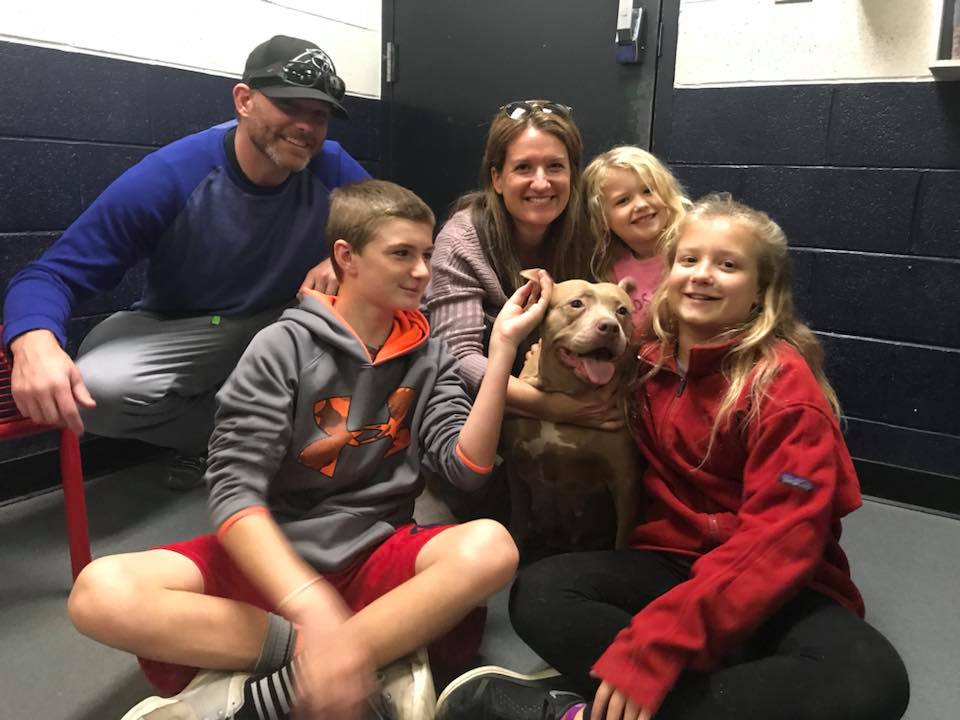 family with a pitbull at shelter