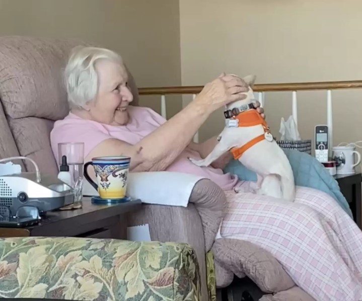 older woman holding dog in her lap