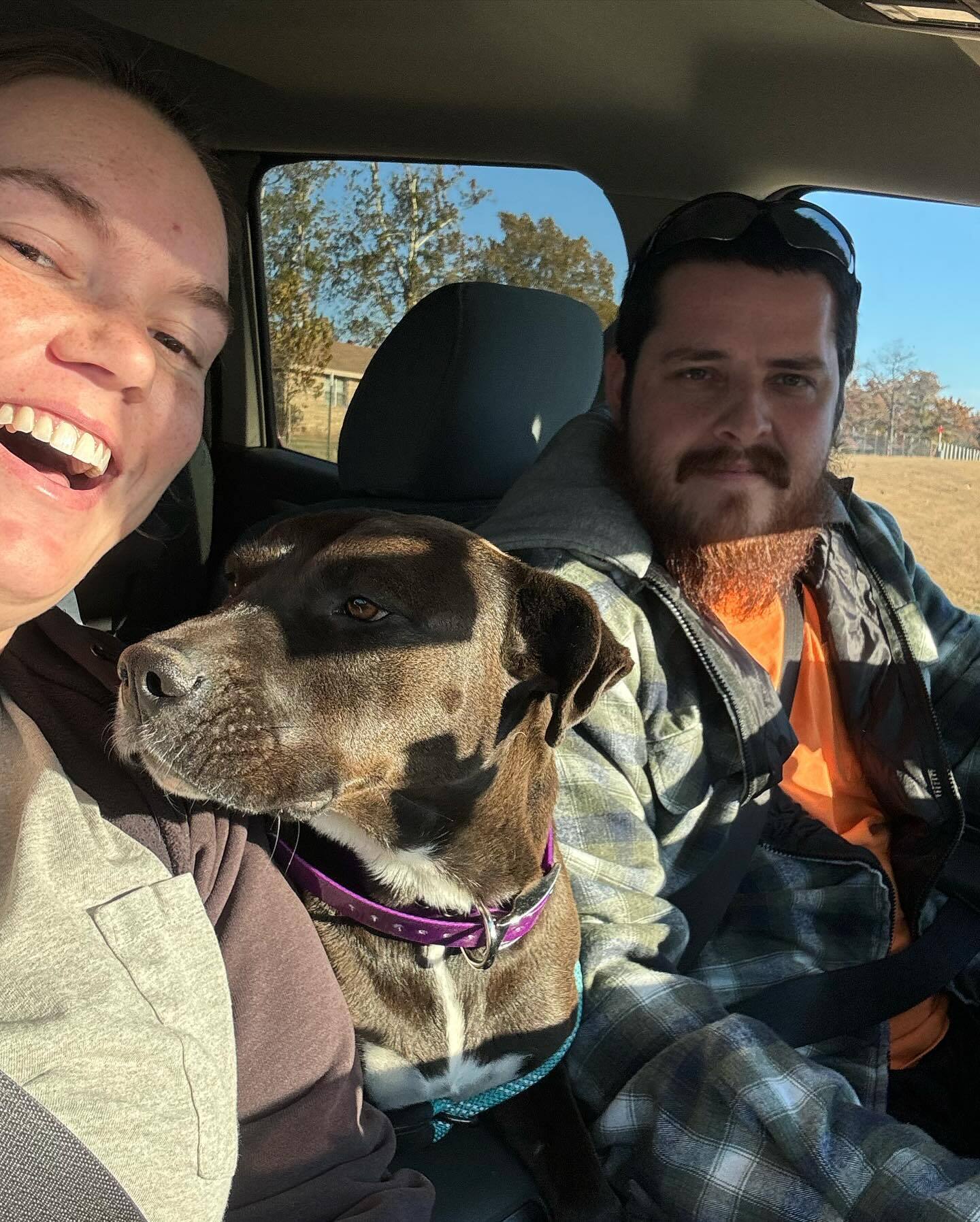 smiling woman and man with pitbull in the car