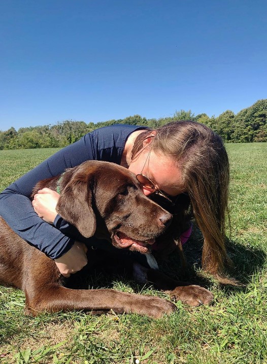 the dog and the girl in the field exchange caresses