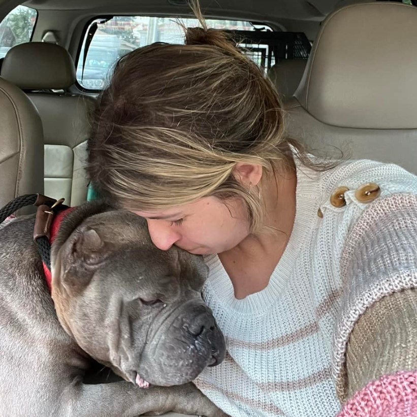 a woman hugs a dog in a car