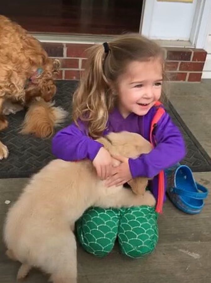kid playing with dog