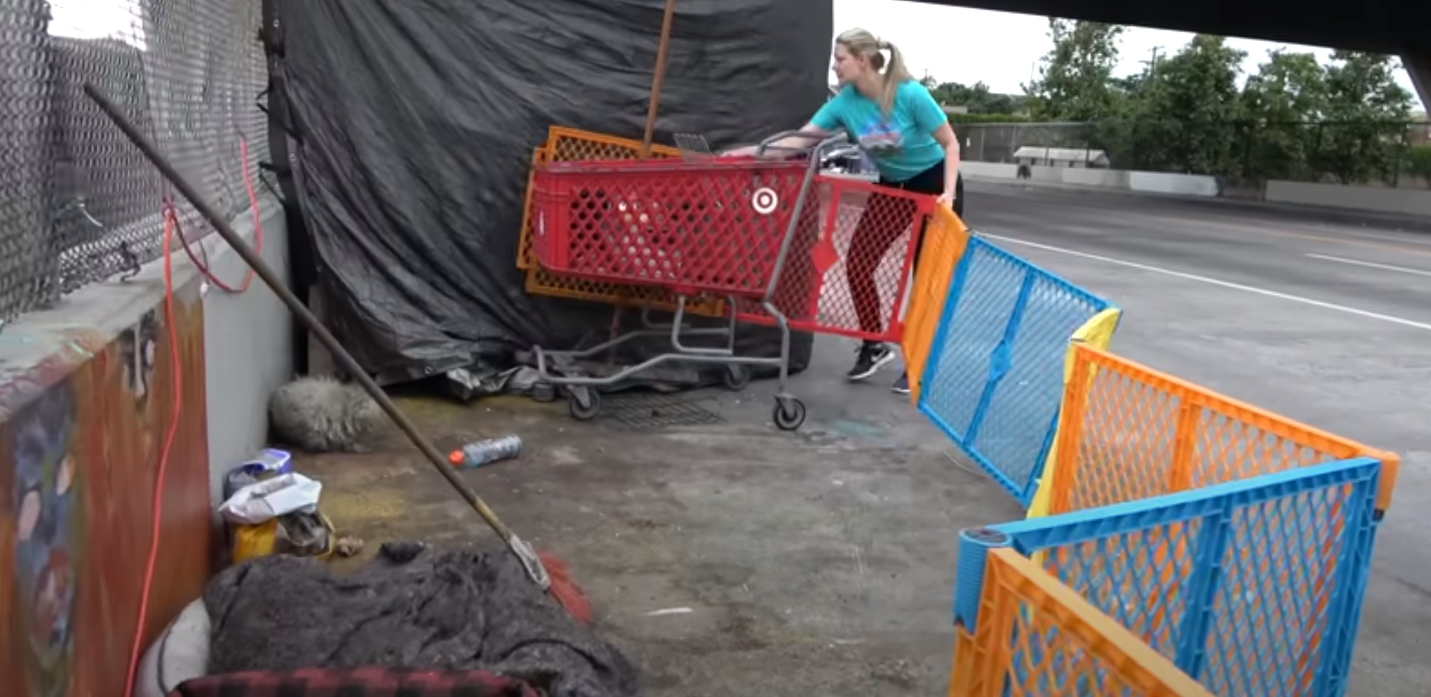 blonde woman with cart