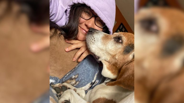 woman and a senior dog