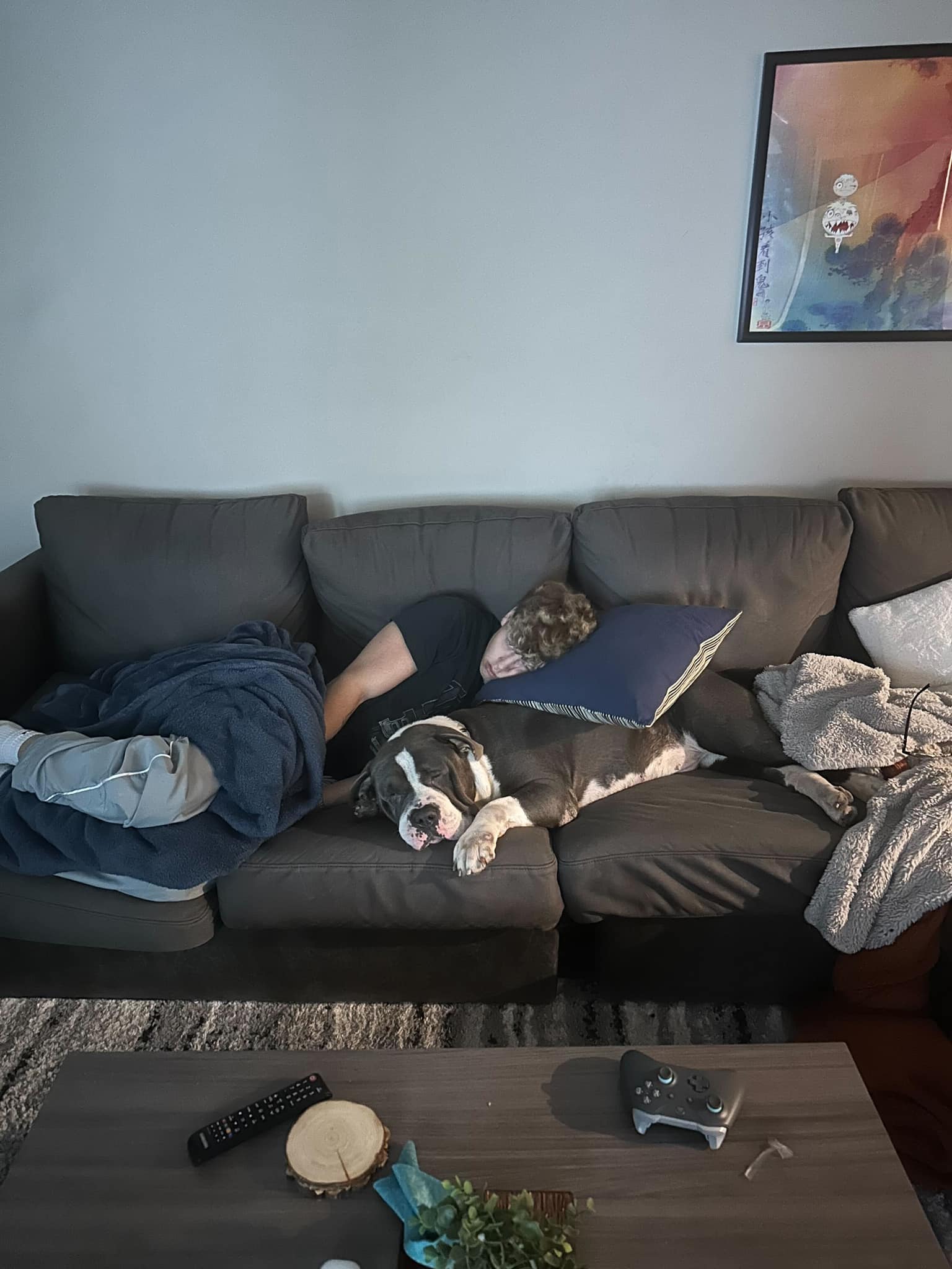 guy sleeping on a dog