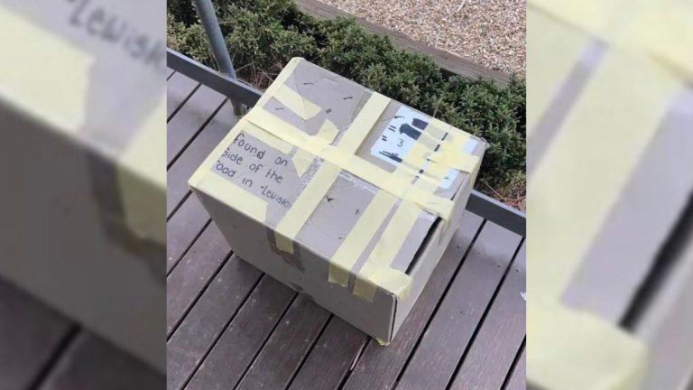 taped box in front of vet clinic