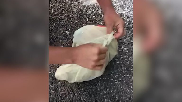 woman opening a small plastic bag