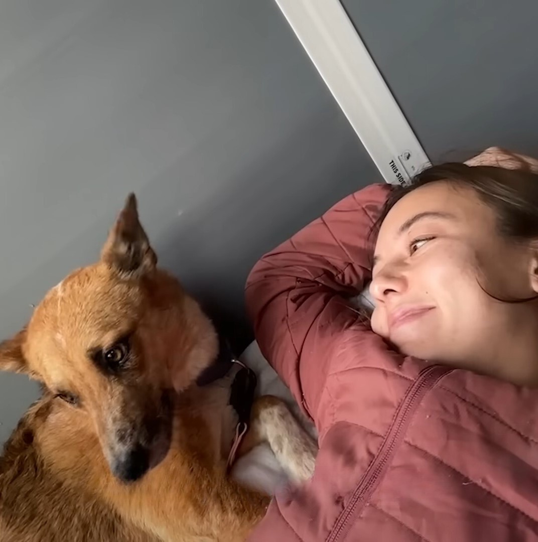 smiling woman laying down with dog