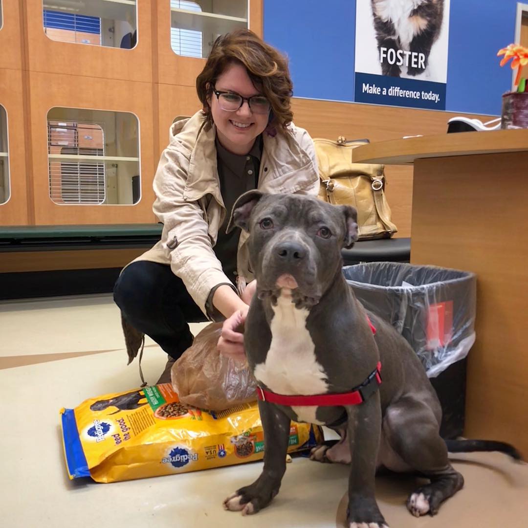 smiling woman with dog in foster care