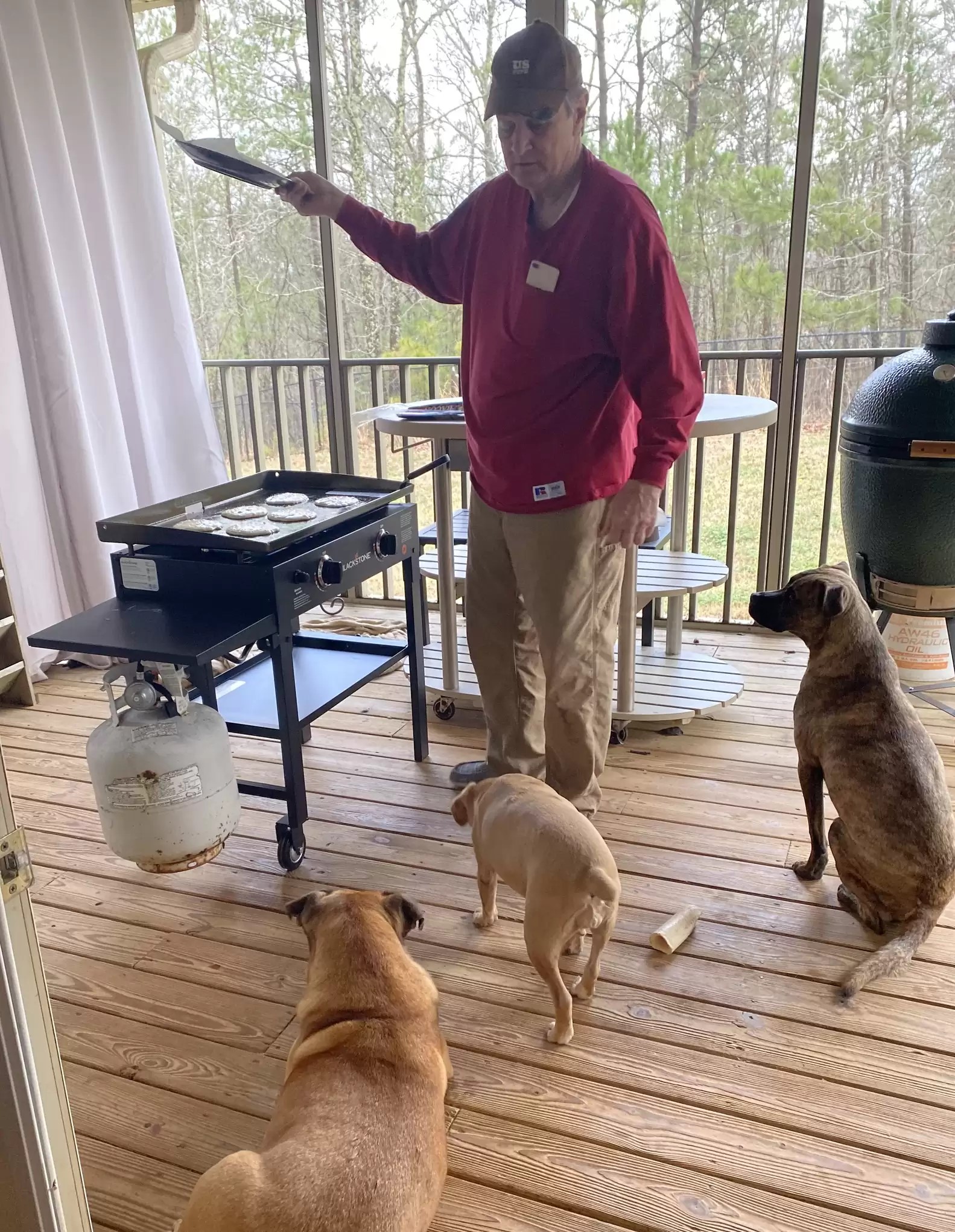 man and dogs on wooden porch