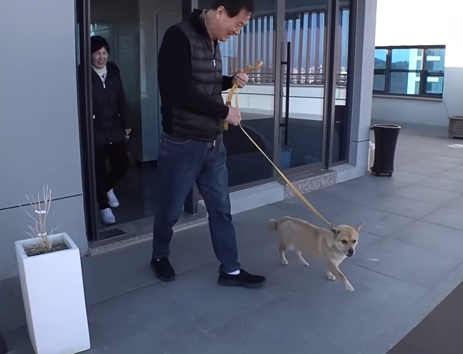 man walking the dog on a leash