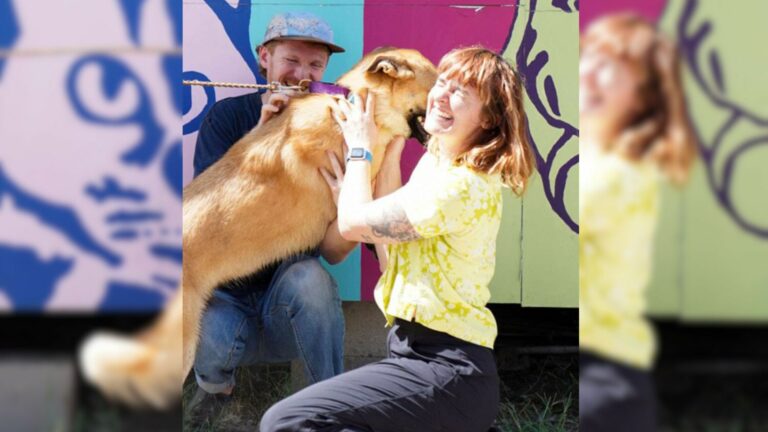 happy dog with owners