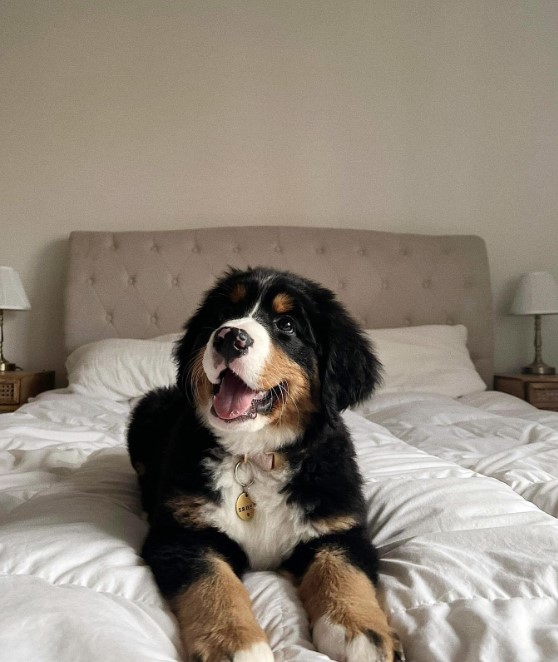 A happy dog is lying on the bed