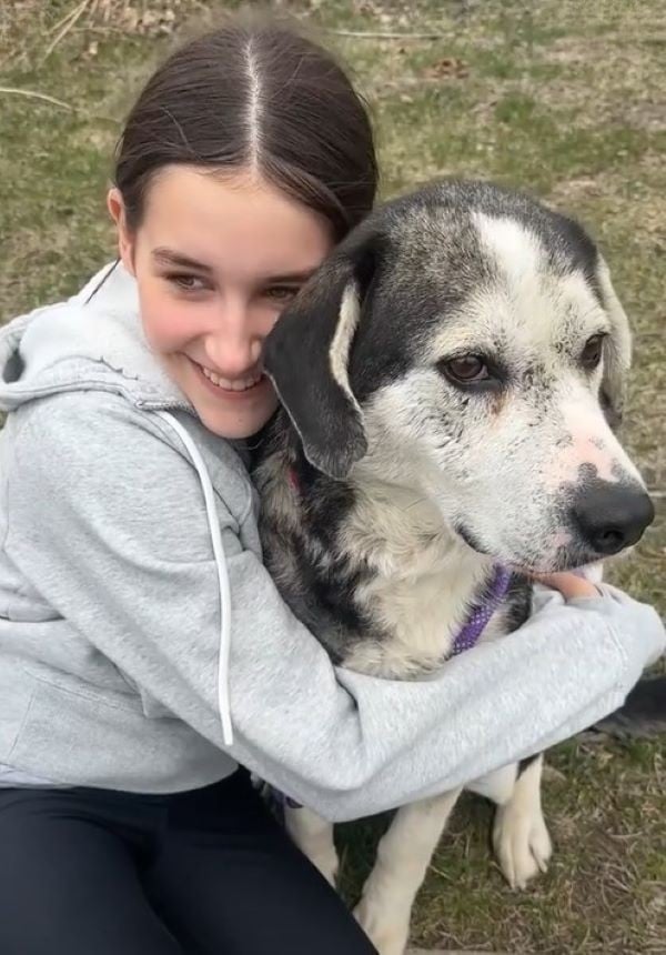 girl hugging a dog