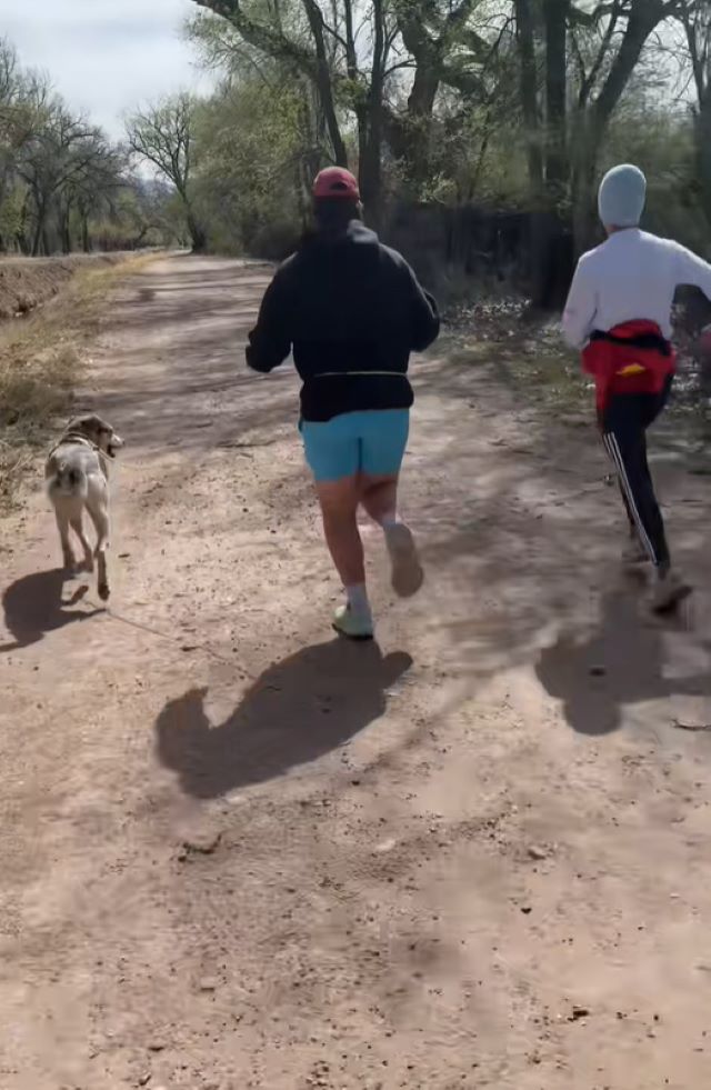 men and dog running