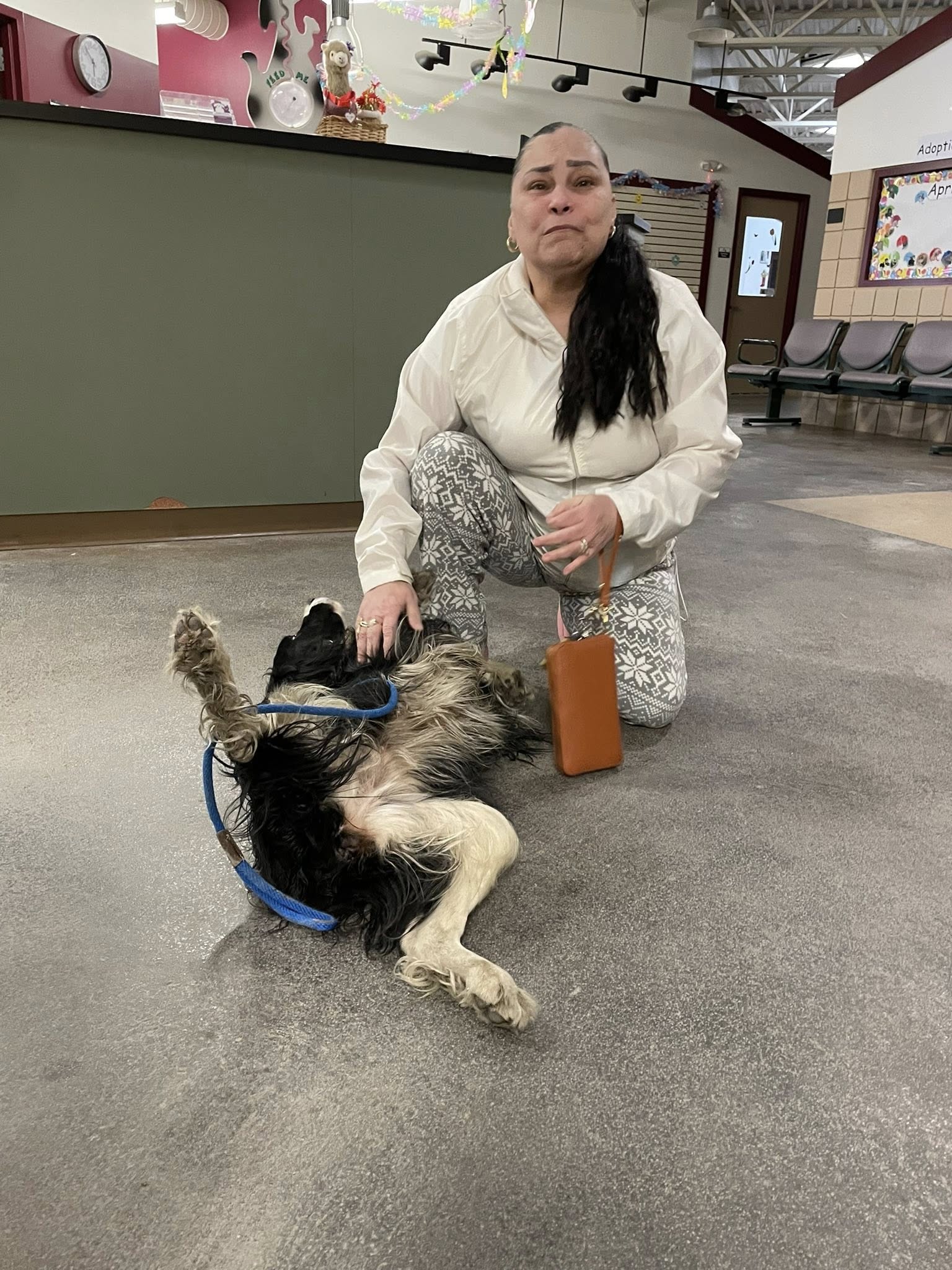 old woman and black dog