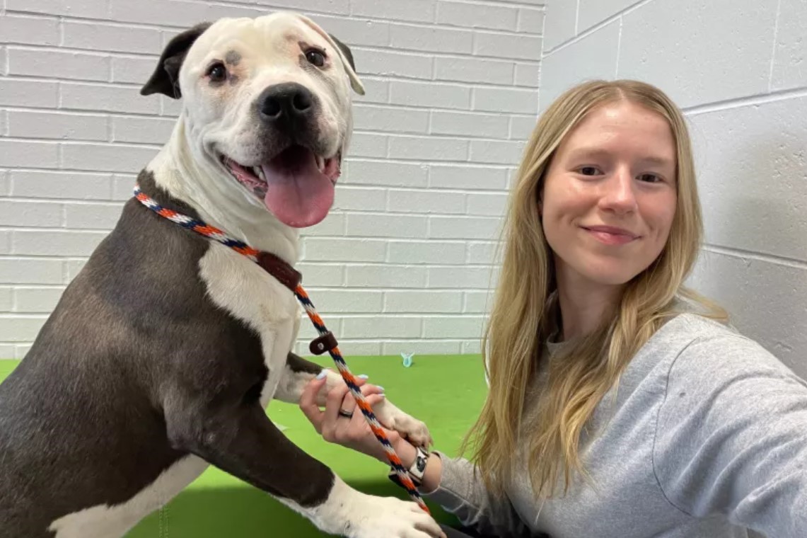 blonde girl and dog