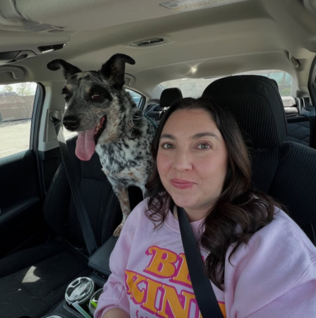woman and gray dog in car