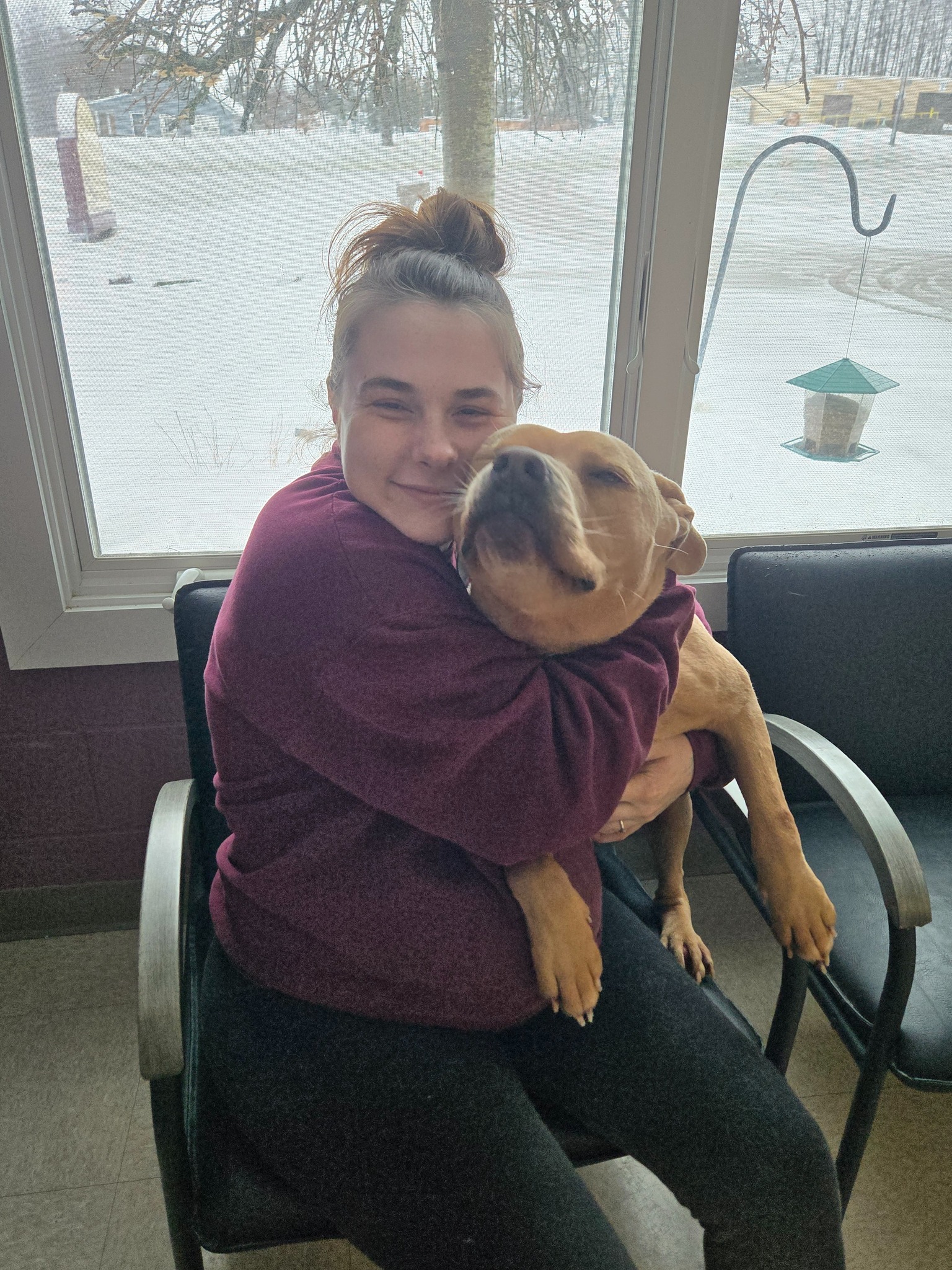 woman hugging hers brown dog